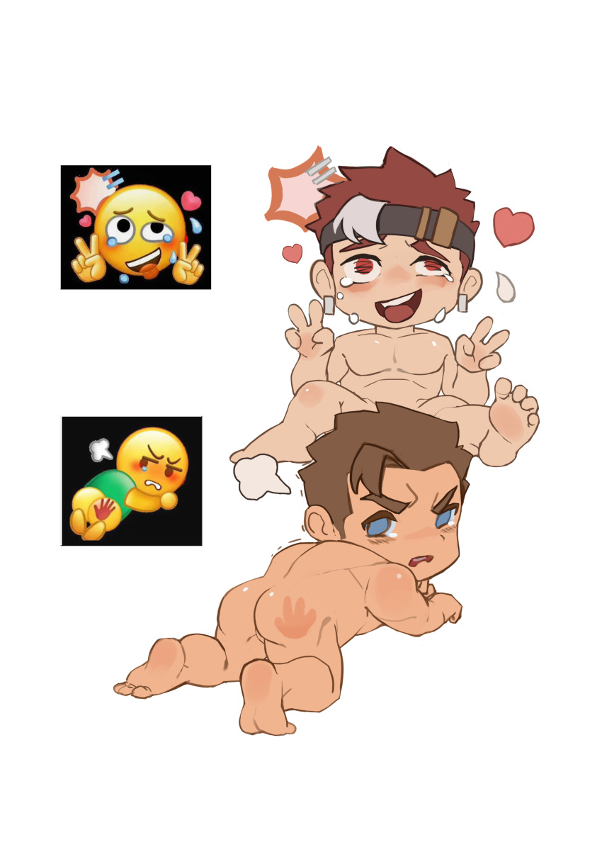 2boys absurdres ahe_gao ass bara black_headband blue_eyes blush brown_hair chibi completely_nude crying crying_with_eyes_open double_v emoji headband highres large_pectorals male_focus multicolored_hair multiple_boys muscular muscular_male my_eight nude open_mouth original pectorals photo-referenced red_eyes red_hair shirt short_hair simple_background slap_mark spanked tears two-tone_hair v white_background white_shirt yaoi