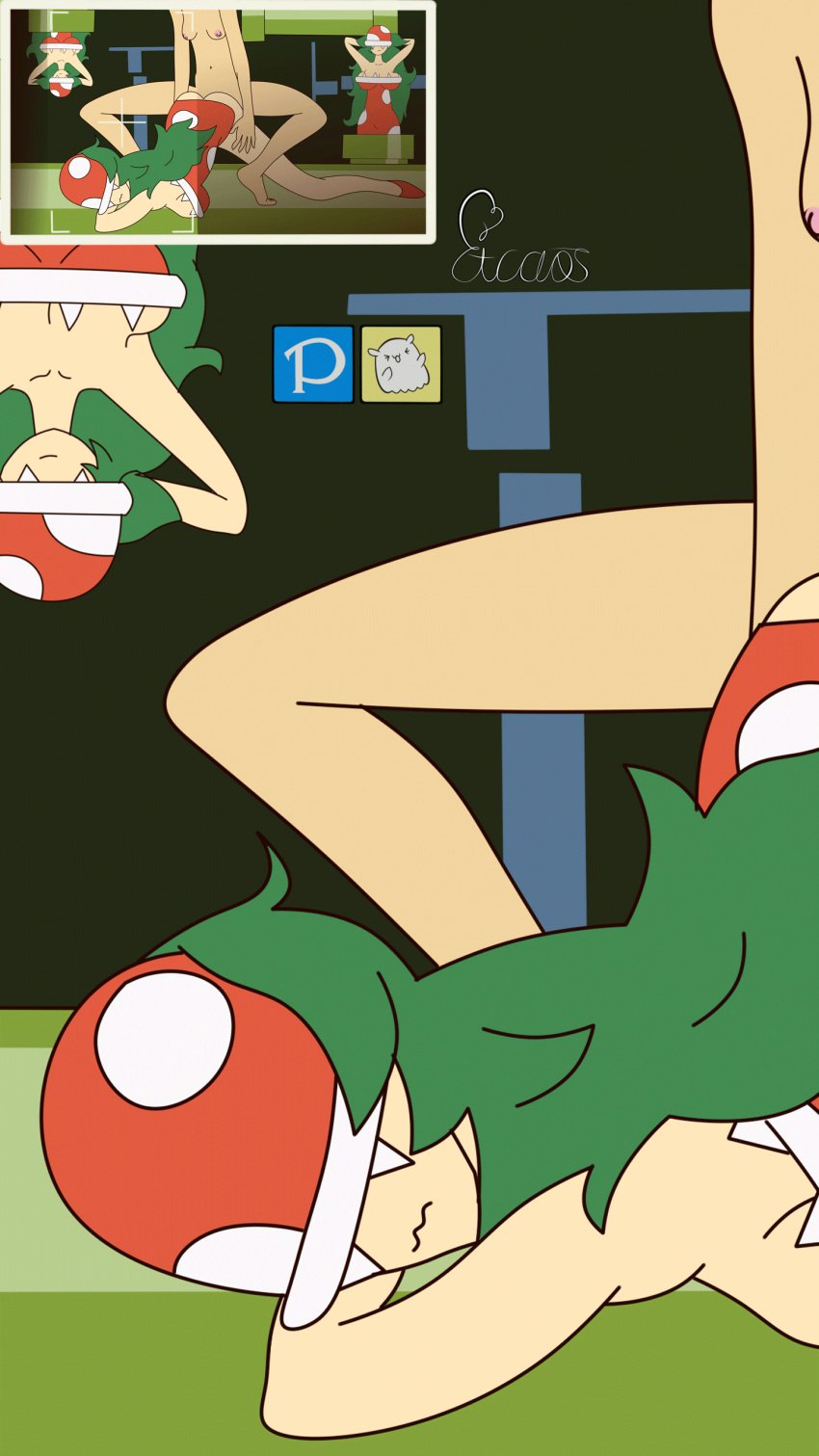 2d animated breast breasts etcaos female female_only green_hair long_hair mario_(series) multiple_girls nintendo nipples pipes piranha_plant pubic_hair sex smile super_mario_bros._3 very_long_hair warp_pipe yuri