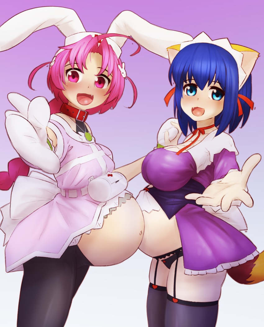 2girls beckoning black_panties blue_eyes blue_hair bunny_ears chocomilk cute_fang holding_hands kokubunji_koyori looking_at_viewer maid multiple_girls multiple_pregnancies nakahara_komugi nurse nurse_uniform nurse_witch_komugi-chan panties pink_eyes pink_hair pregnant raccoon_ears raccoon_tail smile soul_taker tagme