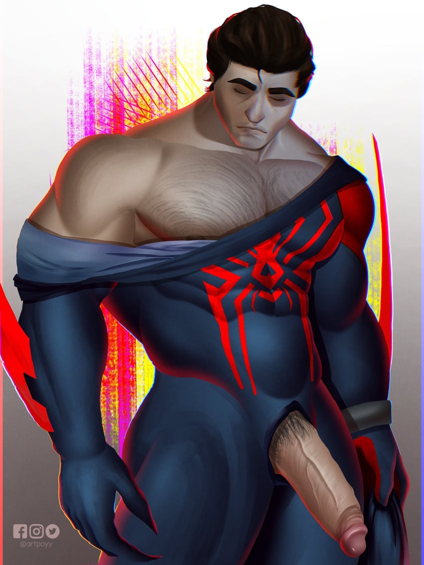 1boy 2023 artpoyy bara barazoku boner clothing erection gay half-erect hi_res highres hispanic hispanic_male male male_focus male_only male_pubic_hair manly marvel miguel_o'hara muscles muscular muscular_male solo solo_male spider-man spider-man:_across_the_spider-verse spider-man_(series) spider-man_2099 tight_clothing vein veiny_penis yop5281