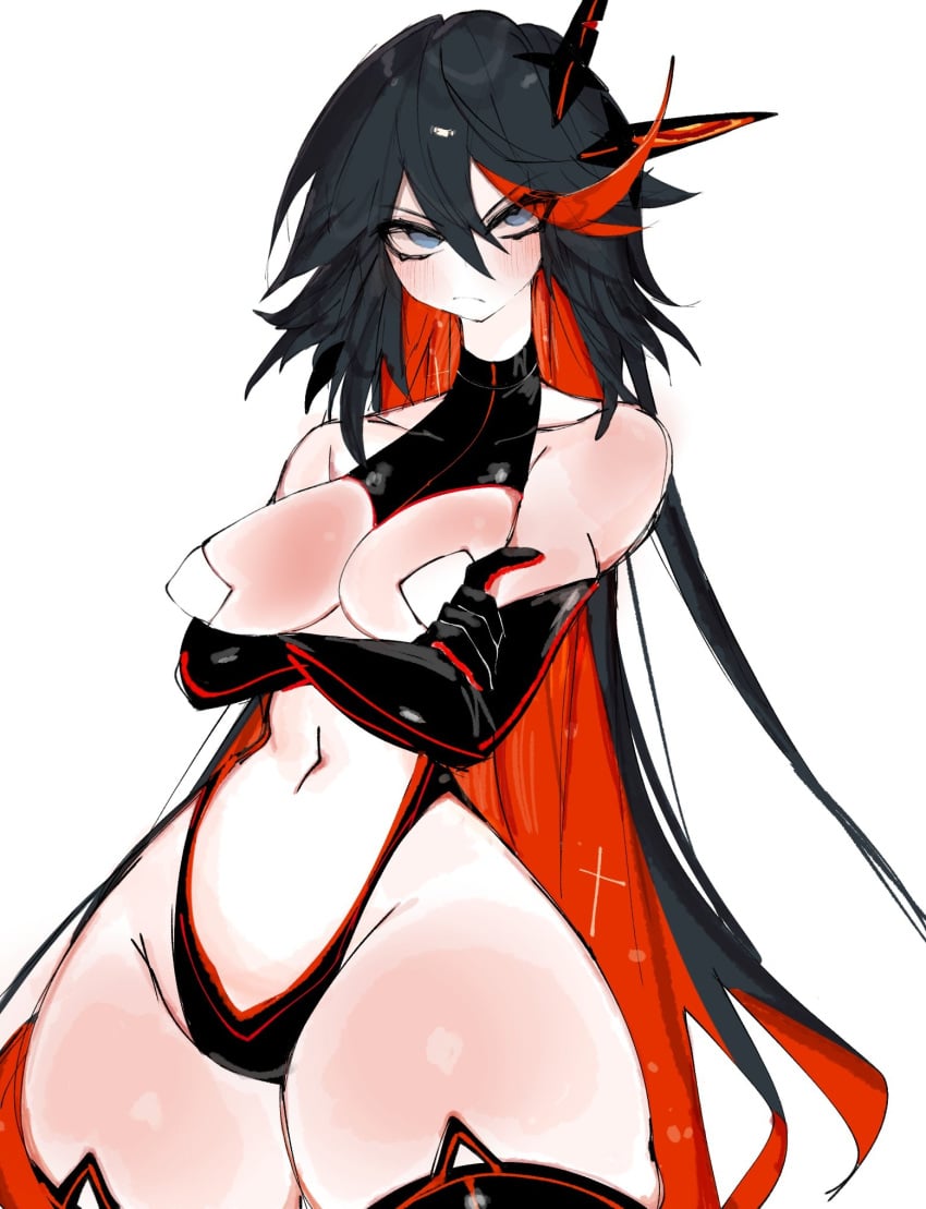 1girls adapted_costume alternate_costume arms_crossed arms_crossed_under_breasts big_ass black_hair blush blush_lines blushing_at_viewer grey_eyes hair_ornament hair_ornaments hi_res kill_la_kill leggings long_gloves long_hair looking_at_viewer matoi_ryuuko nipples_covered red_hair senketsu simple_background tape_over_nipples thick_thighs usa37107692 white_background wide_hips wide_thighs