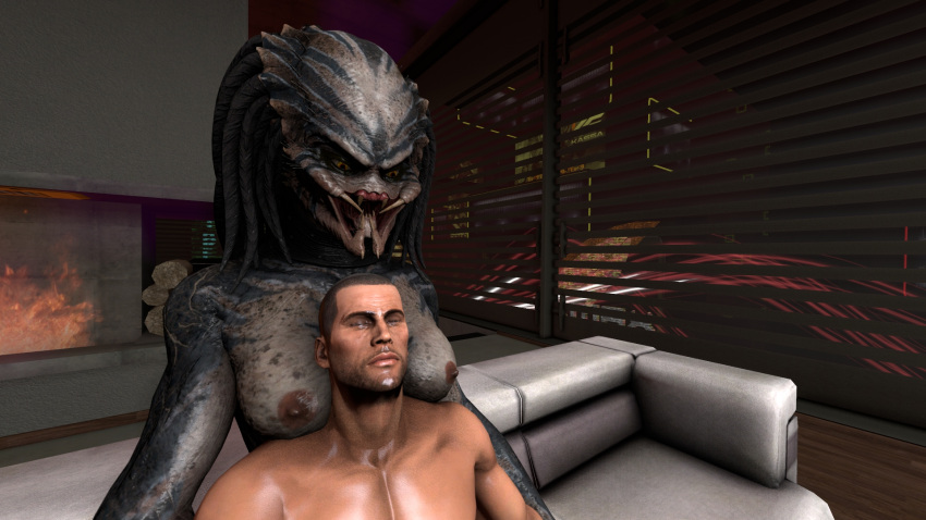 3d 3d_(artwork) alien alien_vs._predator_(franchise) commander_shepard crossover digital_media_(artwork) dominant_female dreadlocks duo female female_yautja halhatatlanhalando hi_res human humanoid interspecies larger_female male male/female maleshep mammal mass_effect muscular muscular_male predator_(franchise) size_difference smaller_human smaller_male source_filmmaker submissive submissive_human submissive_male xenophilia yautja