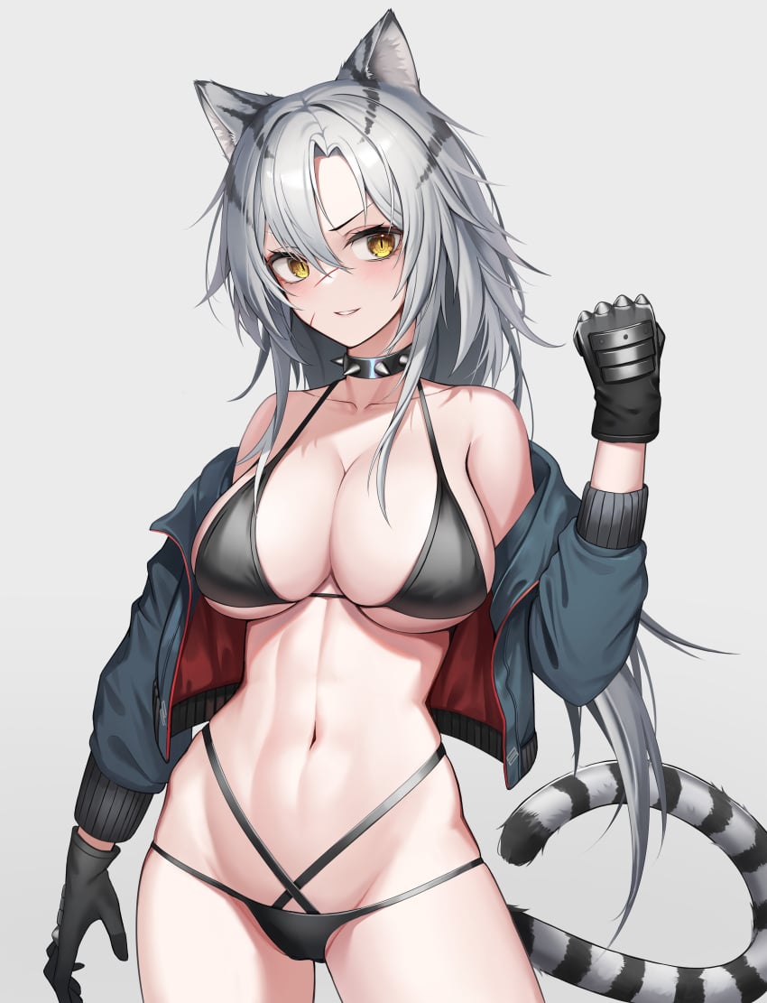 1girls 2023 abs animal_ears arknights belly big_breasts bikini black_panties bra breasts cat_ears cat_tail catgirl choker chun_bae gloves hi_res indra_(arknights) jacket kemonomimi light-skinned_female light_skin looking_at_viewer simple_background skimpy solo standing tail white_hair yellow_eyes