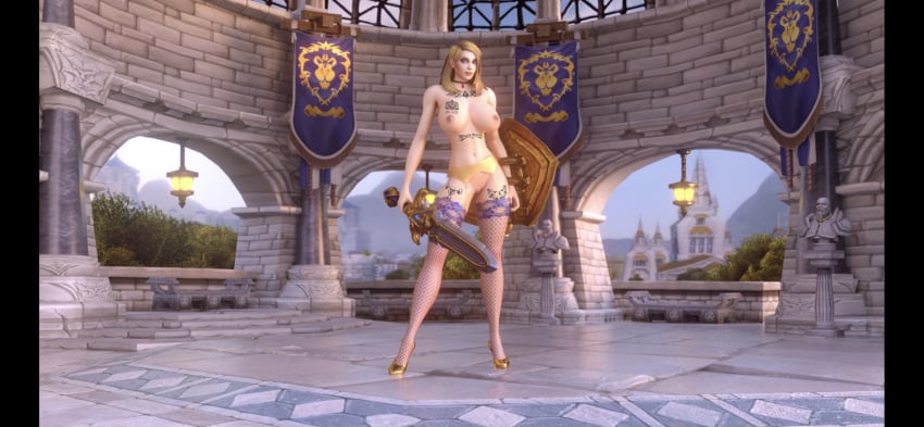 1girls 3d alliance_banner alliance_symbol big_breasts blizzard_entertainment blonde_hair blue_eyes chest_tattoo desaelynn_lightshield high_heels human human_(world_of_warcraft) justicaralb light-skinned_female light_skin original_character qos queen_of_spades queen_of_spades_symbol solo spade_tattoo stockings tattoo thick_thighs warcraft world_of_warcraft