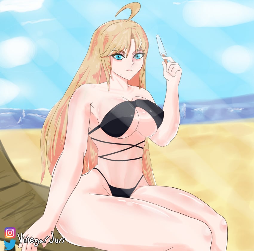 1girls ahoge alternate_costume bare_legs bare_shoulders beach beach_chair bikini black_bikini black_swimsuit blonde_hair blue_eyes breasts chair clarisse_(fire_emblem) cleavage collarbone day female female_only fire_emblem fire_emblem:_new_mystery_of_the_emblem food frown ice_cream large_breasts legs long_hair nintendo ocean outdoors popsicle shoulders sitting solo swimsuit thick_thighs underboob very_long_hair vinegar_juri