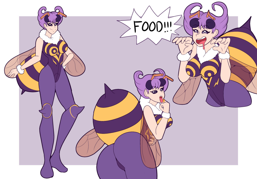 1girls 2021 antennae_(anatomy) ass bee_girl black_eyes capcom clothing darkstalkers dialogue drooling english_text female female_only insect_abdomen insect_wings large_breasts looking_at_viewer mizului open_mouth purple_hair q-bee smiling smiling_at_viewer solo speech_bubble very_high_resolution wings