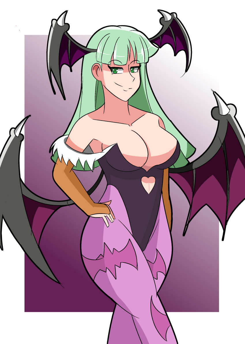 1girls 2021 bat_print capcom clothing darkstalkers demon_wings female female_only gauntlets green_eyes green_hair hand_on_hip head_wings heart_shape hi_res leotard long_hair looking_at_viewer medium_breasts mizului morrigan_aensland pantyhose purple_pantyhose smiling smiling_at_viewer solo succubus thick_thighs wings