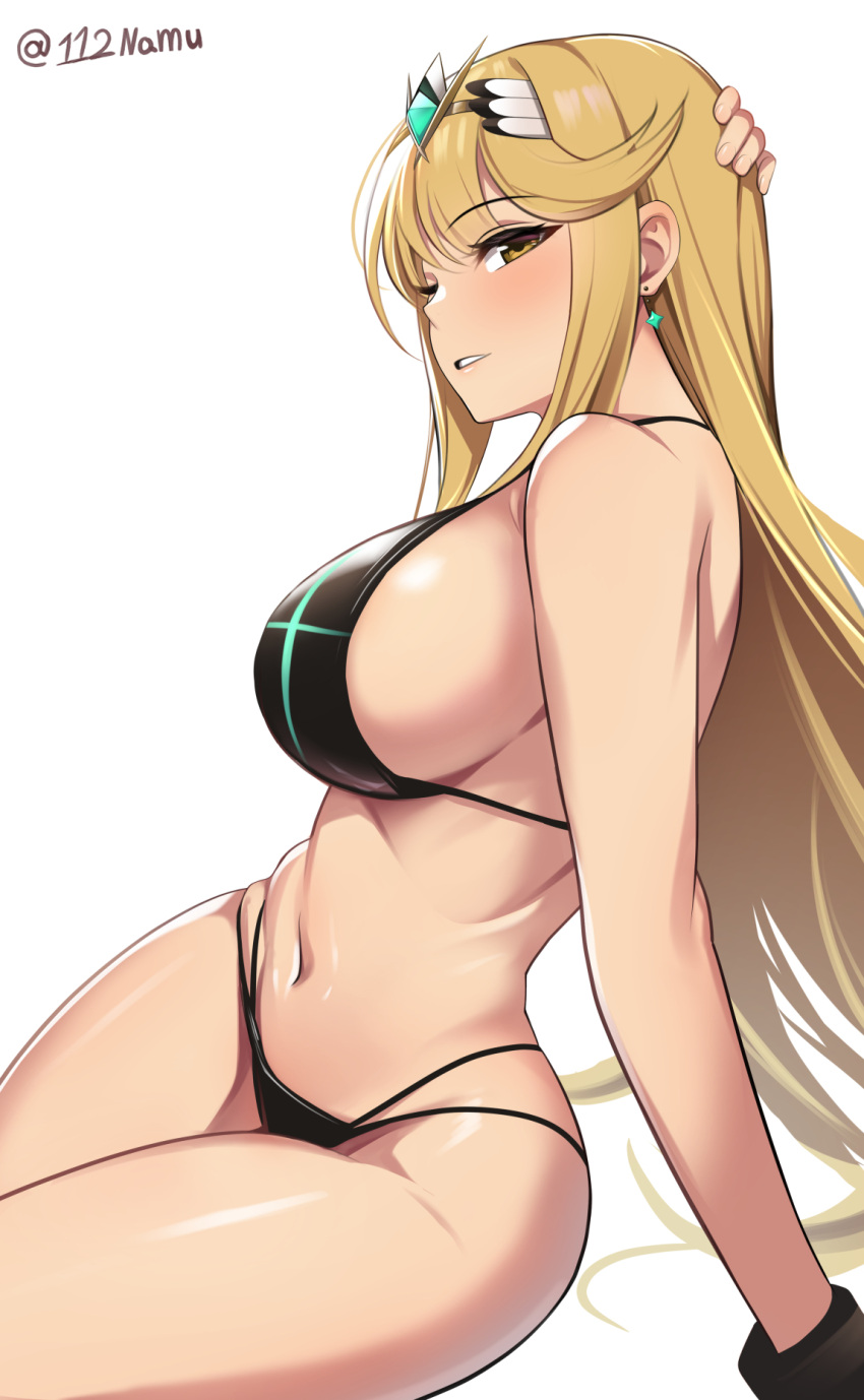 artist_name belly big_breasts bikini blonde_hair blush breasts looking_at_viewer mythra namu_(112namu) navel solo swimsuit thighs tiara white_background xenoblade_(series) xenoblade_chronicles_2