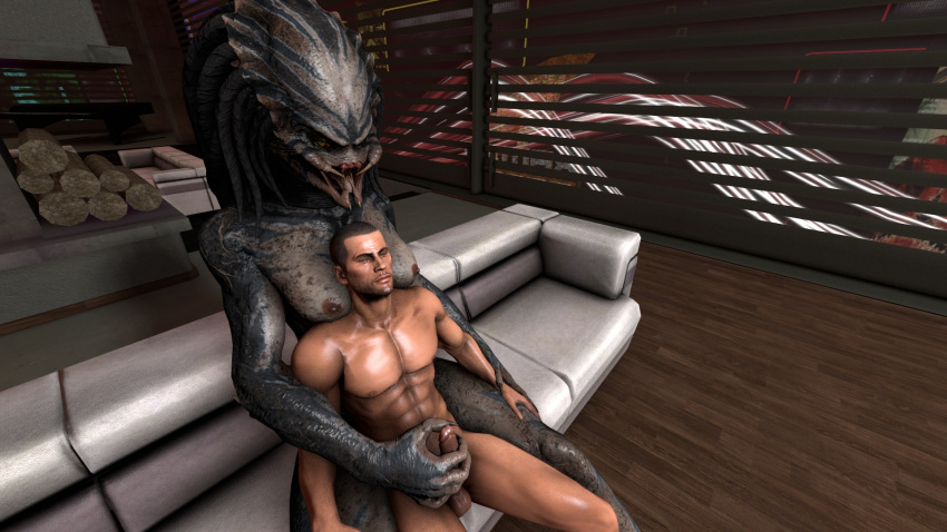 3d 3d_(artwork) alien alien_vs._predator_(franchise) commander_shepard crossover digital_media_(artwork) dominant_female dreadlocks duo female female_yautja halhatatlanhalando handjob hi_res human humanoid interspecies larger_female male male/female maleshep mammal mass_effect muscular muscular_male predator_(franchise) size_difference smaller_human smaller_male source_filmmaker submissive submissive_human submissive_male xenophilia yautja