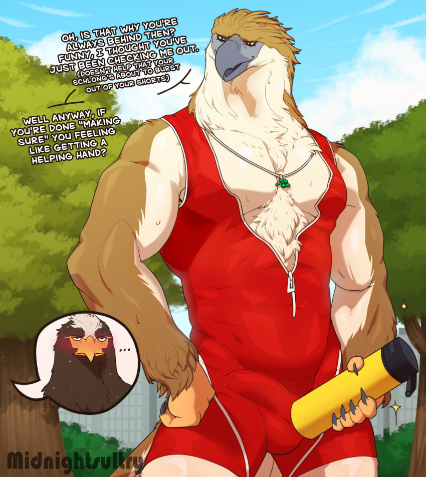 accipitrid accipitriform anthro avian beak bird blush bulge clothed clothing dialogue duo eagle erection erection_under_clothing food food_fetish genital_outline hi_res male male_only midnightsultry muscular muscular_male outside pecs penis_outline plant sky smile suggestive suggestive_food suggestive_pose tracksuit tree zipper_down