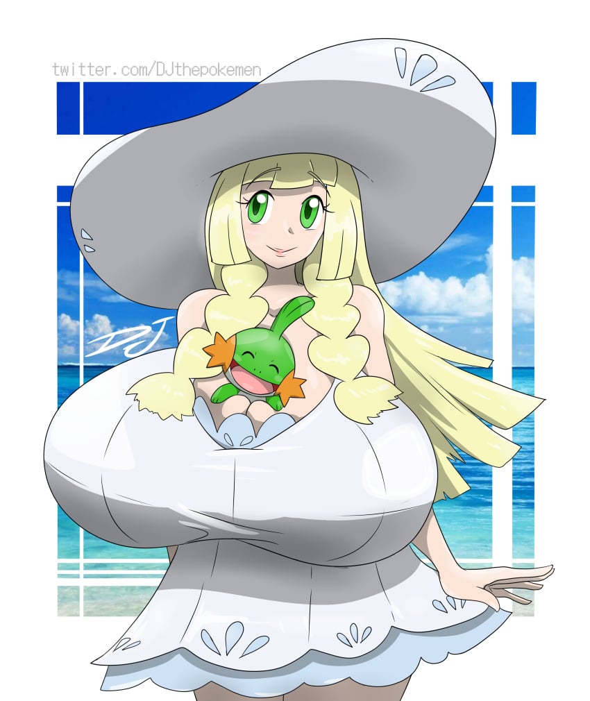 beach blonde_hair braided_hair clothed_female djthepokemen dress game_freak huge_breasts huge_hat hyper_breasts large_breasts large_hat lillie lillie_(pokemon) long_hair massive_breasts mudkip nintendo pokemon pokemon_(species) pokemon_sm