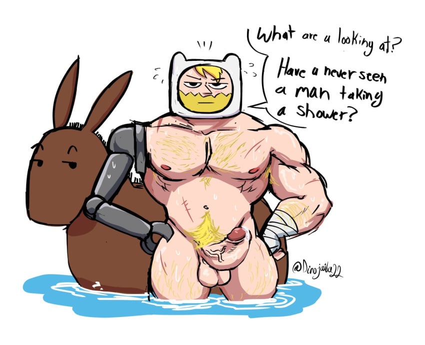 adventure_time adventure_time:_fionna_&_cake balls bara beard biceps big_penis blonde_hair completely_nude cum dialogue_bubble dinojaiba22 farmworld_finn finn_the_human fionna_and_cake gay hairy_chest hat looking_at_viewer male_focus male_only muscular_male naked pecs precum pubic_hair robotic_arm solo_male wet_body white_background