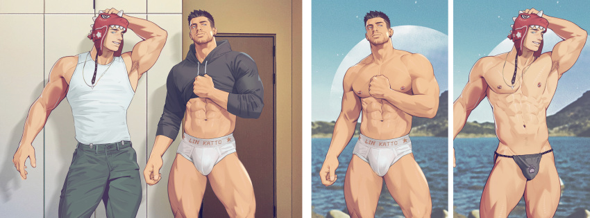 2022 2boys abs arm_behind_head armpit_hair bara barazoku biceps big_bulge briefs bulge clothing facial_hair gay hairy hi_res highres huge_bulge katto8452 lin.katto looking_at_viewer male male/male male_focus male_nipples male_only manly muscles muscular muscular_arms muscular_legs muscular_male muscular_thighs nipples solo solo_male underwear