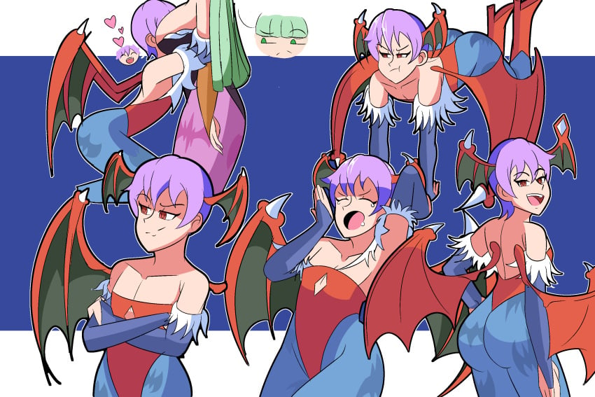 2021 2girls ass bat_print blue_pantyhose capcom clothing darkstalkers demon_wings face_between_breasts female female_only flat_chest gauntlets green_eyes green_hair head_between_breasts head_wings heart large_breasts leotard lilith_aensland long_hair mizului morrigan_aensland multiple_views pantyhose pink_pantyhose pout purple_hair red_eyes short_hair smile succubi succubus succubus_wings very_high_resolution wings yawning