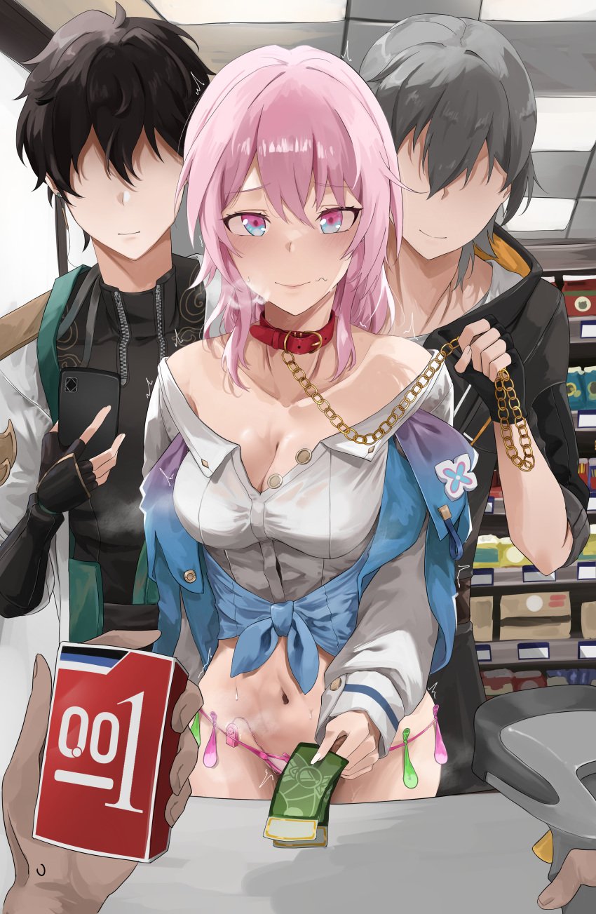 2boys absurdres artist_request black_gloves black_hair blue_eyes bondage breasts buying_condoms caelus_(honkai:_star_rail) cleavage closed_mouth collar collarbone condom condom_box dan_heng faceless faceless_male female fingerless_gloves fingernails gloves grey_hair highres holding holding_leash holding_money holding_phone honkai:_star_rail honkai_(series) leash long_fingernails long_sleeves looking_at_viewer march_7th_(honkai:_star_rail) medium_breasts medium_hair miz_blank money multicolored_eyes multiple_boys navel panties phone pink_eyes pink_hair pov pov_hands smile straight stray_pubic_hair underwear used_condom