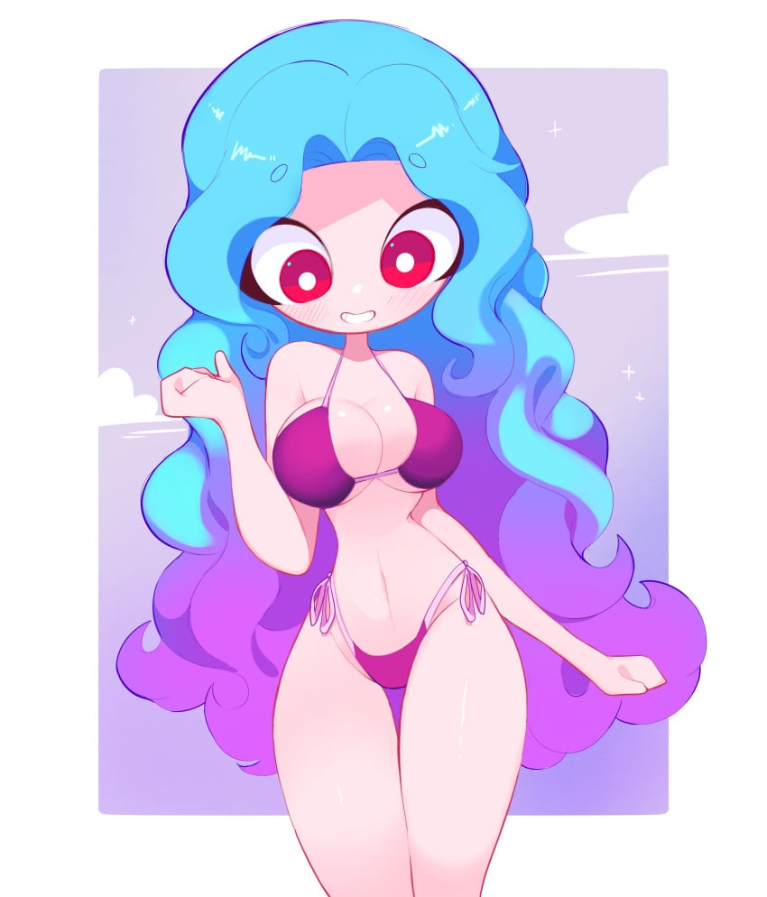 bikini bikini_bottom bikini_top blue_hair blush blush_lines cloud clouds hoxtens long_hair looking_down purple_hair red_eyes round_eyes rox_hoxten shiny_hair shiny_skin synari_(rox_hoxten)