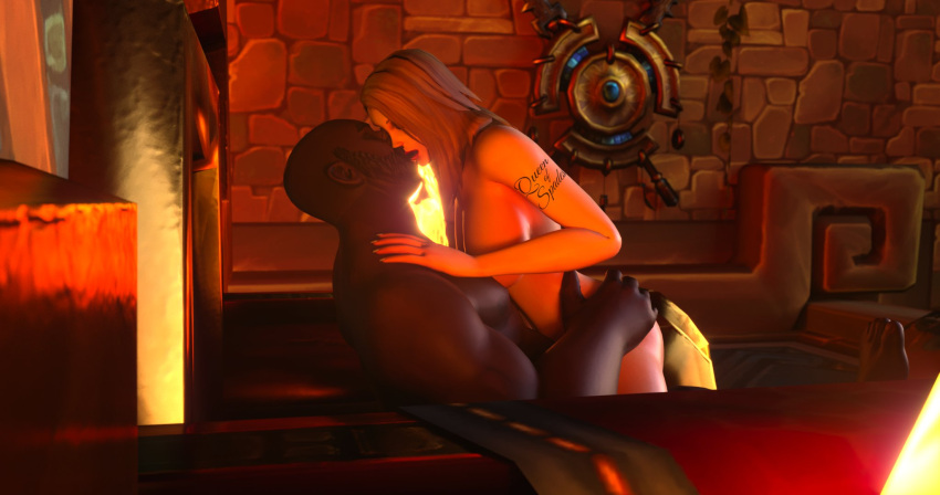 1boy 1girls 3d big_breasts blizzard_entertainment blonde_hair dark-skinned_male dark_skin desaelynn_lightshield human human_(world_of_warcraft) interracial justicaralb kissing light-skinned_female light_skin original_character queen_of_spades sex thick_thighs vaginal_penetration vaginal_sex warcraft world_of_warcraft