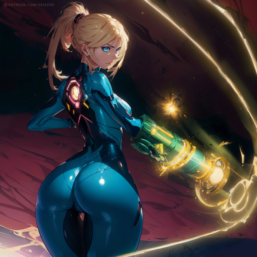 ai_generated ass blaster blonde_hair blue_eyes bodysuit from_behind looking_back metroid samus_aran skin_tight skizzen suit thigh_gap thighs thin_waist wide_hips zero_suit_samus