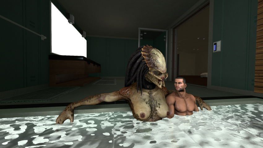 3d 3d_(artwork) alien alien_vs._predator_(franchise) commander_shepard crossover digital_media_(artwork) dreadlocks duo female female_yautja halhatatlanhalando hi_res human humanoid interspecies jacuzzi larger_female male male/female maleshep mammal mass_effect muscular muscular_male predator_(franchise) size_difference smaller_human smaller_male source_filmmaker xenophilia yautja