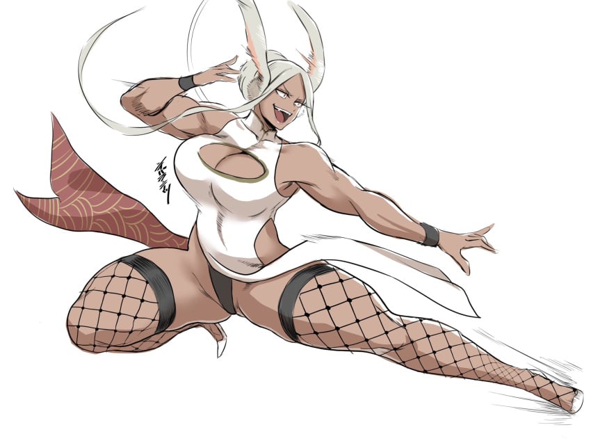 athletic_female boob_window bunny_ears bunny_girl dark-skinned_female fishnets hero heroine kick kicking miruko muscular_arms muscular_female my_hero_academia rabbit rumi_usagiyama shiibara_tetsu thick_thighs white_background white_hair white_shoes