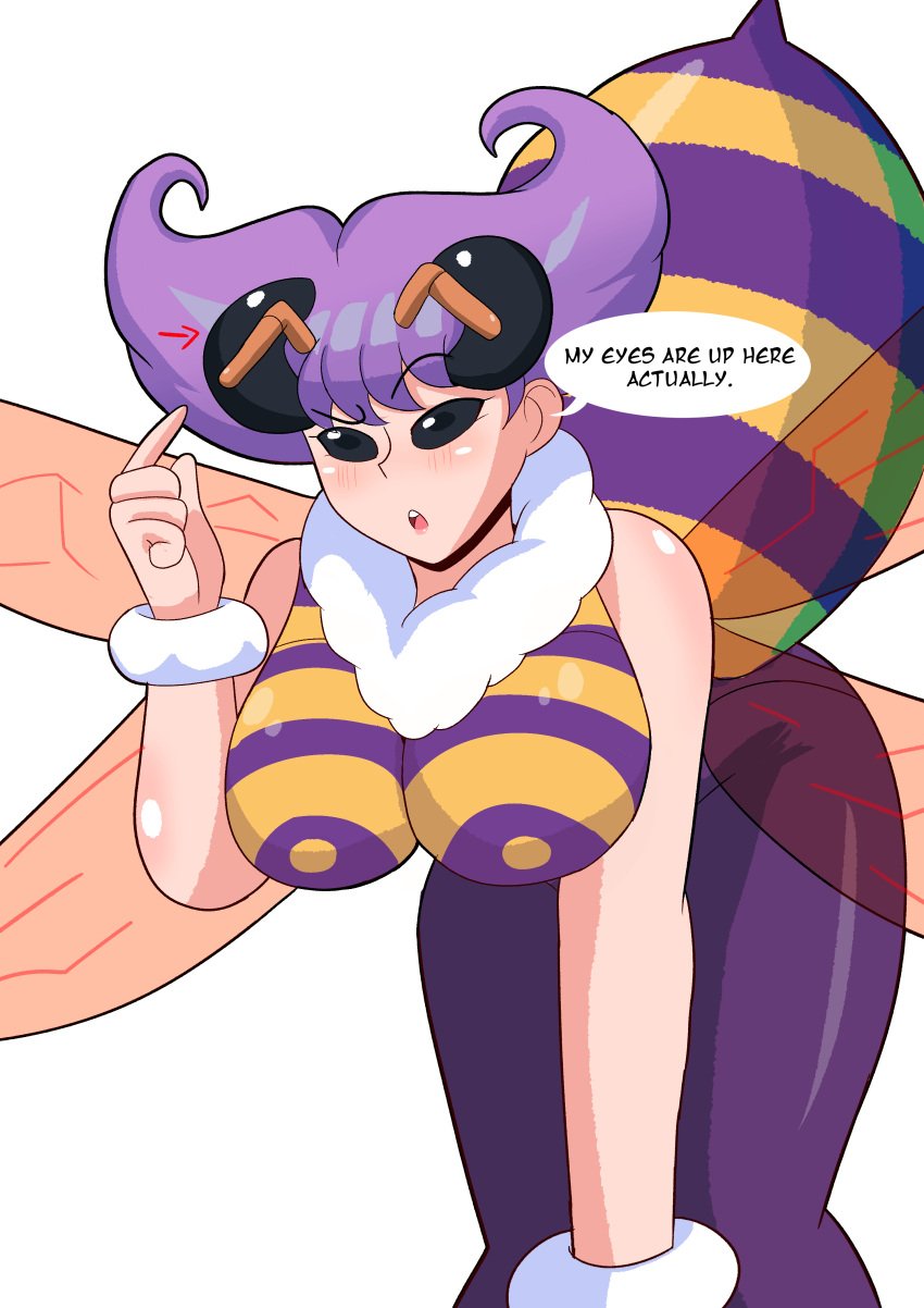 1girls 2022 absurd_res antennae_(anatomy) bee_girl big_breasts black_eyes blush capcom clothing darkstalkers dialogue english_text female female_only fully_clothed insect_abdomen insect_wings large_breasts looking_at_viewer mizului purple_eyes q-bee solo speech_bubble talking_to_viewer white_background wings