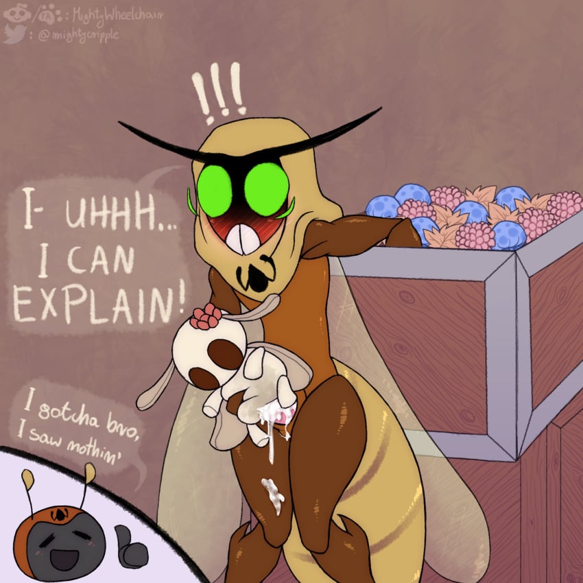 1:1 antennae_(anatomy) anthro arthropod arthropod_abdomen bandit_(bug_fables) blush blush_lines blushing_profusely bodily_fluids bug_fables burglar_(bug_fables) caught caught_masturbating cricket cum duo embarrassed exclamation_point genital_fluids gesture hi_res holding_object holding_plushie hood insect_wings insects leaves male mightywheelchair orthopterid plushie plushophilia shocked skinny slightly_muscular soaked_plushie solo_focus speech_bubble thick_thighs thumbs_up translucent translucent_wings wings