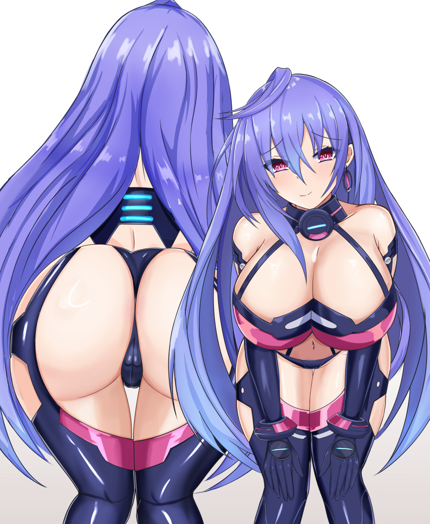 ass bare_shoulders big_breasts bodysuit choker cleavage elbow_gloves front_and_back goddess iris_heart light-skinned_female looking_at_viewer neptunia_(series) pink_eyes plutia purple_hair round_ass smile solo stiris_rangetsu thighhighs very_long_hair