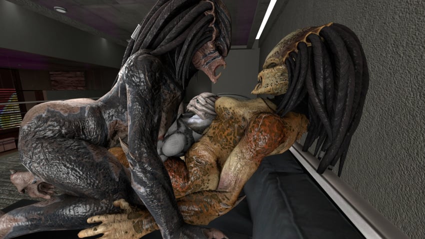 3d 3d_(artwork) alien alien_vs._predator_(franchise) crossover digital_media_(artwork) dominant_female dreadlocks female female/female female_yautja halhatatlanhalando hi_res humanoid interspecies larger_female male male/female mammal mass_effect muscular muscular_male not_furry nude predator_(franchise) size_difference smaller_male source_filmmaker submissive submissive_male trio turian xenophilia yautja yuri