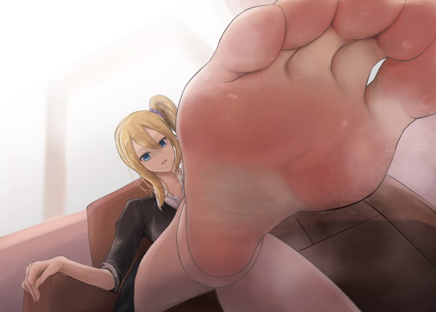 1girls absurd_res barefoot blonde_hair blue_eyes blushed_soles feet female femdom foot_fetish foot_focus footer@unyaaan from_below hayasaka_ai highres kaguya-sama_wa_kokurasetai_~tensai-tachi_no_renai_zunousen~ long_hair looking_at_viewer looking_down ponytail pov pov_eye_contact pov_feet side_ponytail sitting soles solo solo_female steam steamy steamy_feet toes