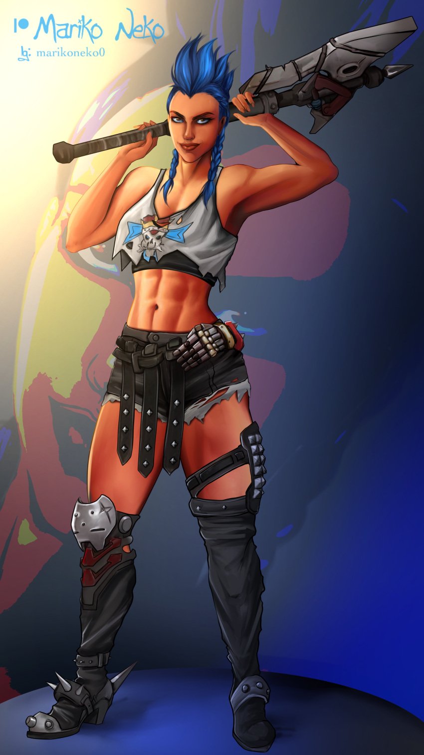 1girls abs axe blue_hair clothed female female_only fully_clothed junker_queen marikoneko marikoneko0 muscular muscular_female overwatch overwatch_2 solo standing