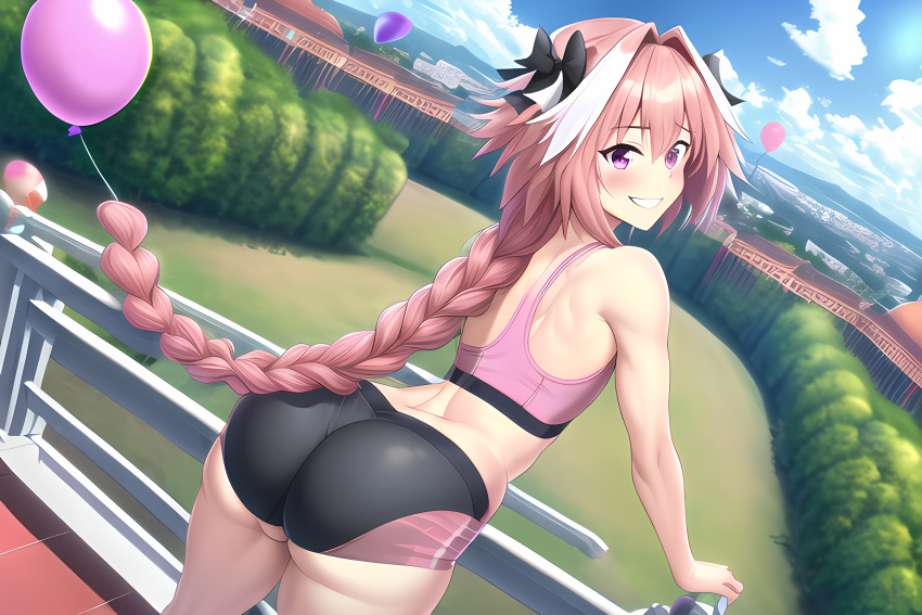 1boy ai_generated ass_focus astolfo_(fate) balcony balloon big_ass big_butt crossdressing fate/apocrypha fate/grand_order fate_(series) femboy garden girly grin leggings long_braid novelai pink_eyes pink_hair shorts smile smiling spandex sports_bra