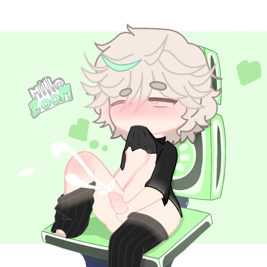 1:1 1boy 1femboy artist_signature biting_clothes biting_shirt black_legwear black_shirt black_socks blonde_hair blush cum cumming_from_masturbation cumshot cute femboy femboy_only gacha gacha_club gacha_life gaming_chair gay green_background green_eyes green_highlights hand_on_chest hand_on_penis hearts image male_focus male_only masturbating masturbation millozoom no_underwear orgasm white_skin