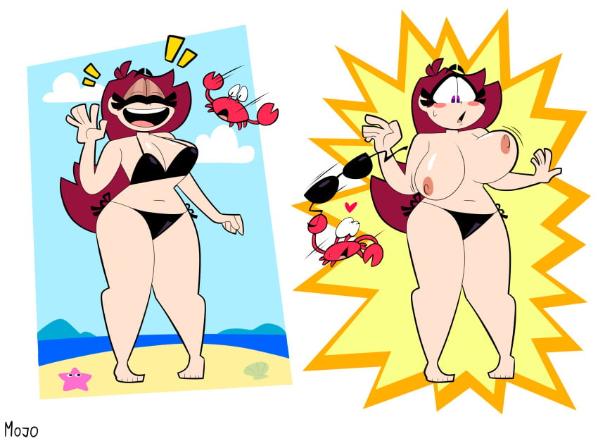 2023 assisted_exposure beach bikini black_bikini breast breasts crab exposed_breasts jiggling_breasts mojo_montebon nipples ocean original original_character side-tie_bikini stolen_bikini stolen_swimsuit thick_thighs topless topless_female trixie_(mojo_montebon) waving