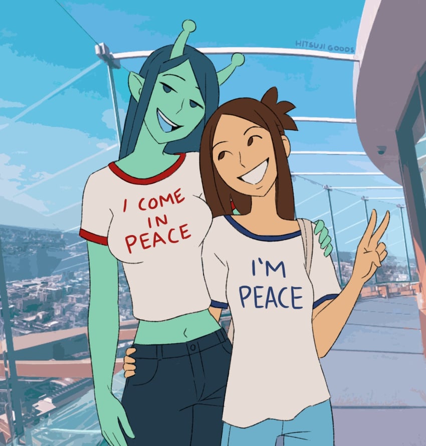 2girls alien alien/human alien_girl brown_hair female funny hand_on_hip hand_on_shoulder hitsujigoods humor implied_futanari midriff peace_sign smile smiling t-shirt text_on_shirt yuri