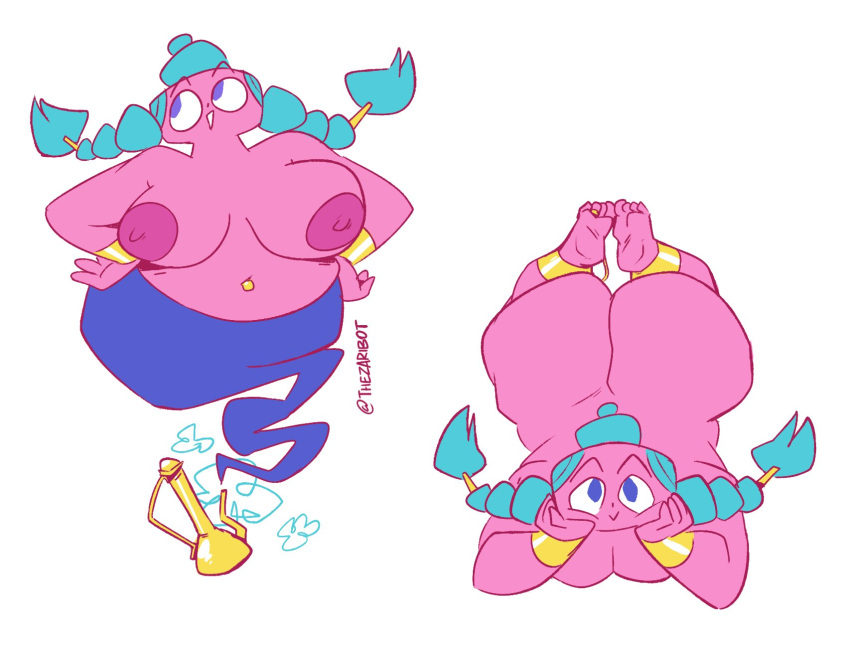 1girls :> :d ass barefoot bbw big_ass blue_hair braided_twintails breasts feet female genie genie_lamp hands_on_head hands_on_hips huge_ass huge_breasts lamp legs_up lying_on_stomach navel_piercing pink_skin twintails zaribot