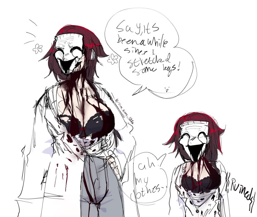 artist_signature blood blood_on_breasts bra breasts breasts_out clothed_female clothing dripping_blood firm_scene_7156_(artist) labcoat living_mask mask open_shirt red_hair ripped_clothing ruined_clothes scp-035 scp_foundation