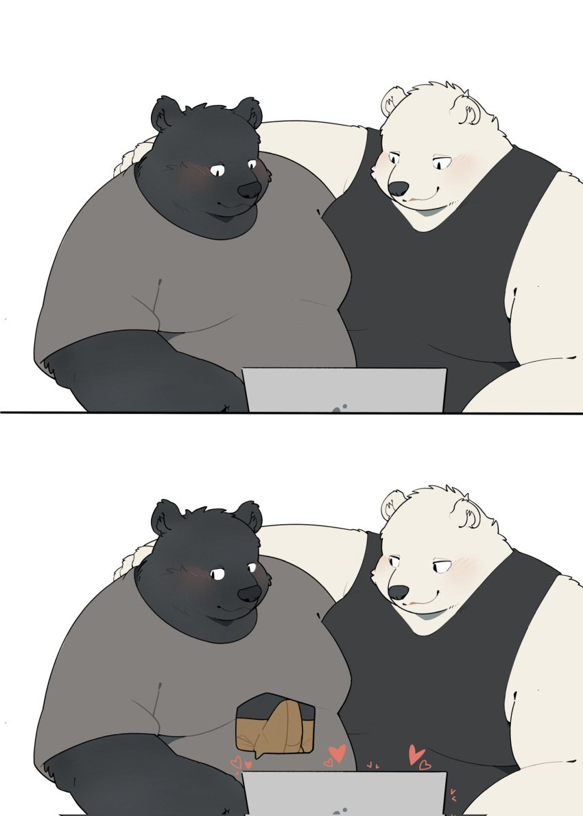 2023 anthro bear black_body black_nose blush bulge clothed clothing comic computer duo embrace erection erection_under_clothing haoming heart hi_res hug kemono male mammal overweight overweight_male polar_bear shirt topwear ursine white_body