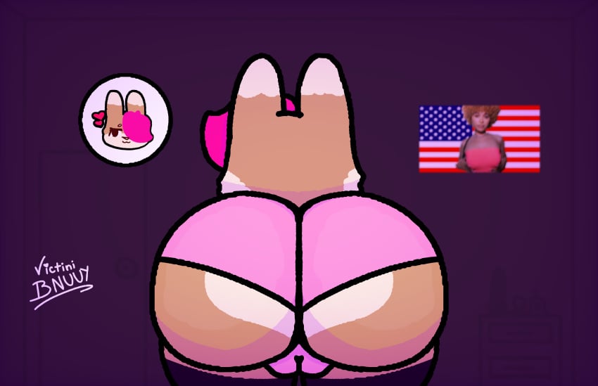 absurd_res anthro ass big_butt brown_body female first_person_view hair hi_res ice_spice lagomorph leporid mammal pink_hair rabbit simple_background solo solo_focus stars_and_stripes united_states_of_america vicky_bnuuy victini_bnuuy