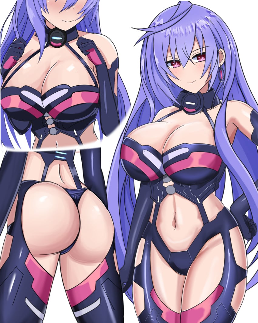 ass bare_midriff bare_shoulders big_breasts blush bodysuit choker cleavage elbow_gloves goddess iris_heart light-skinned_female multiple_views neptunia_(series) pink_eyes plutia purple_hair smile solo stiris_rangetsu thighs very_long_hair