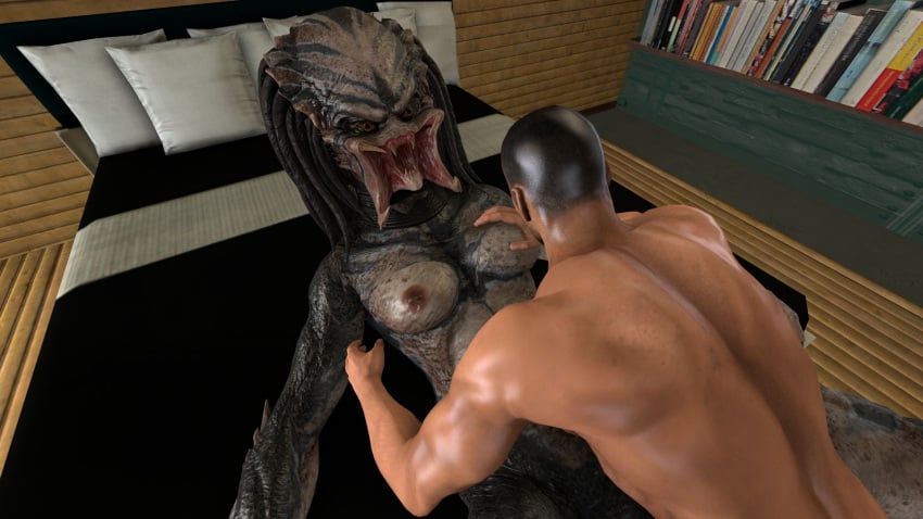 3d 3d_(artwork) alien alien_vs._predator_(franchise) commander_shepard crossover digital_media_(artwork) dreadlocks duo female female_yautja halhatatlanhalando hand_on_breast hi_res human humanoid interspecies larger_female male male/female maleshep mammal mass_effect missionary missionary_position muscular muscular_male not_furry predator_(franchise) size_difference smaller_human smaller_male source_filmmaker xenophilia yautja