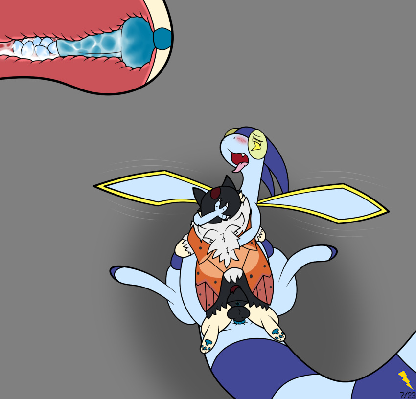 alternate_color anal anal_sex anus balls blue_anus blue_body blush bodily_fluids cum cum_in_ass cum_inside dated duo egg egg_from_penis egg_implantation egg_in_ass electro_(electro_the_dragon) electro_the_dragon embrace fan_character feral flat_colors flygon genital_fluids genitals green_eyes hi_res hybrid_pokemon insect_wings internal internal_anal knot knotting male male/male male_egg_implantation neck_tuft nintendo open_mouth oviposition pawpads paws penetration pokémon_(species) pokemon pokemon_(species) quilava sex signature simple_background tuft volcarona wings