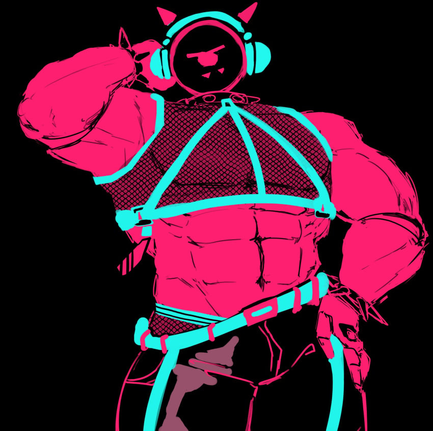 1male abs amber_/_sevvy angry angry_face bara belt biceps blixer bulge cyclops devil_horns fanart fangs gay half_naked headphones horns just_shapes_and_beats male male_only muscular muscular_male neon pants pecs posing red_body spiked_bracelet spiked_collar straps transparent_clothing