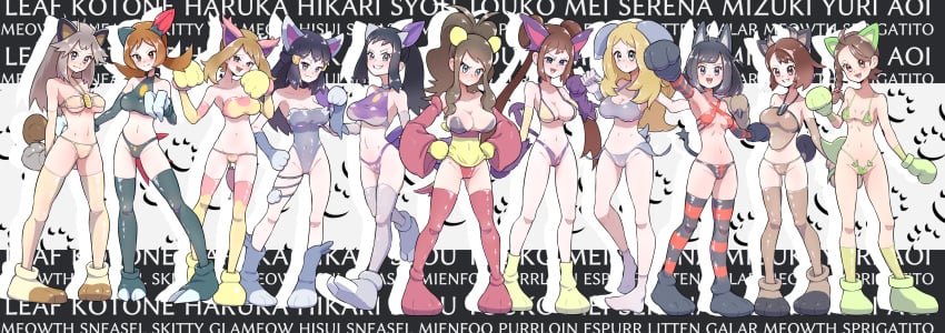 11girls 6+girls akari_(pokemon) black_eyes black_hair blonde_hair blue_eyes blush brown_eyes brown_hair cosplay dawn_(pokemon) drop_shadow espurr_(cosplay) female female_only galarian_meowth_(cosplay) game_freak glameow_(cosplay) gloria_(pokemon) grey_eyes hilda_(pokemon) hisuian_sneasel_(cosplay) juliana_(pokemon) leaf_(pokemon) lineup litten_(cosplay) lyra_(pokemon) may_(pokemon) may_(pokemon_oras) meowth_(cosplay) mienfoo_(cosplay) mochy nintendo paw_background pokemon pokemon_(cosplay) pokemon_bw pokemon_bw2 pokemon_dppt pokemon_frlg pokemon_gsc pokemon_legends:_arceus pokemon_oras pokemon_sm pokemon_ss pokemon_sv pokemon_xy purrloin_(cosplay) regional_form_(pokémon) rosa_(pokemon) selene_(pokemon) serena_(pokemon) skimpy skimpy_clothes skitty_(cosplay) sneasel_(cosplay) sprigatito_(cosplay) tagme take_your_pick text text_background white_drop_shadow