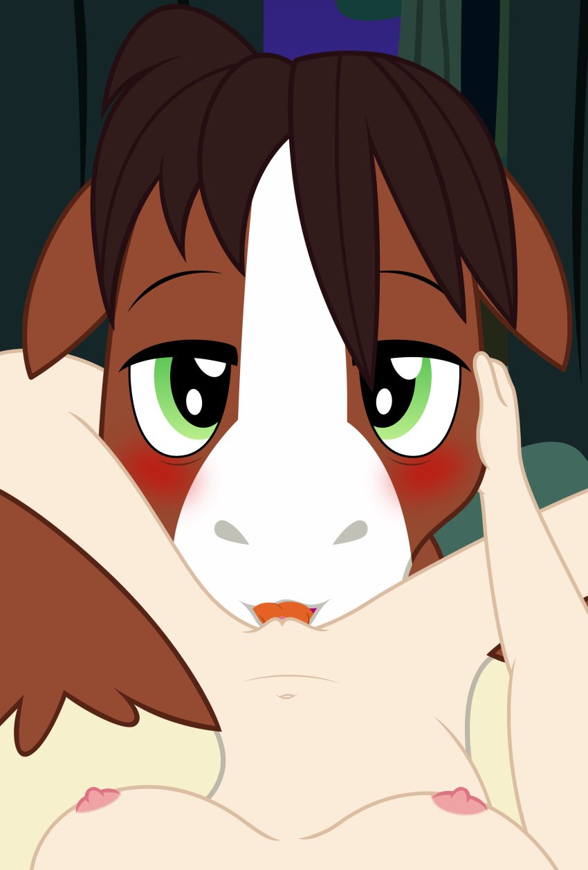 absurd_res areola badumsquish bags_under_eyes blush breasts brown_body brown_fur brown_hair earth_pony equid equine female female_pov feral first_person_view friendship_is_magic fur genitals green_eyes hair hasbro hi_res horse human human_on_feral interspecies looking_at_viewer male male/female mammal my_little_pony nipples oral pony pussy troubleshoes_(mlp) wallflower_blush_(eg) zoophilia