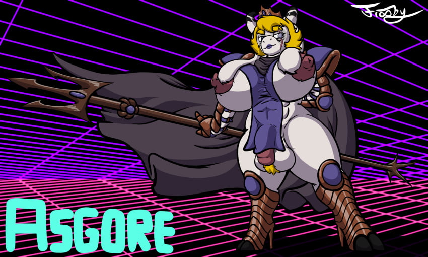 abs anthro areola armor asgore_dreemurr ball_tuft balls big_areola big_balls big_breasts big_nipples blonde_hair boots bovid breasts cape caprine clothing crown digital_media_(artwork) eye_scar eyebrows facial_hair facial_scar fake_breasts flaccid floppy_ears footwear frooby genitals gladiator_armor goat gynomorph hair headgear hi_res high_heeled_boots high_heels hooves horn ill-fitting_clothes intersex lipstick long_ears makeup mammal melee_weapon neon_background nipples penis pink_penis polearm pubes rule_63 scar shadow shoulder_pads sideburns signature simple_background solo synthwave tabard thick_eyebrows thick_thighs tired_eyes trident tuft undertale_(series) weapon white_body