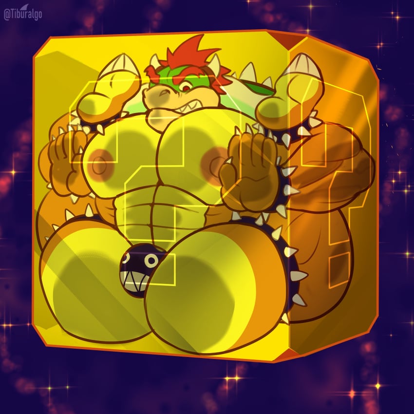 1boy ?_block anklet anthro big_chest big_pecs bowser bracelet bulge chain_chomp_underwear gay huge_chest huge_pecs item_box koopa legband legs_up male male_only mario_(series) nintendo pecs red_hair spiked_anklet spiked_bracelet spiked_legband stuck stuck_in_object super_mario_bros. tiburalgo trapped underwear wristband