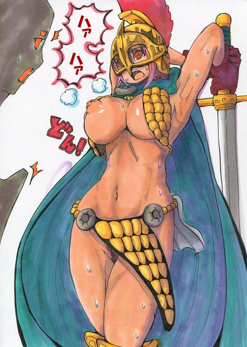 accidental_exposure bikini_armor breasts cape female female_focus golden_armor helmet japanese_text loincloth loincloth_aside male nipple one_piece pink_hair precarious_clothing pubic_hair pussy rebecca_(one_piece) serenadetakt sword teen teenager unconvincing_armor wardrobe_malfunction weapon