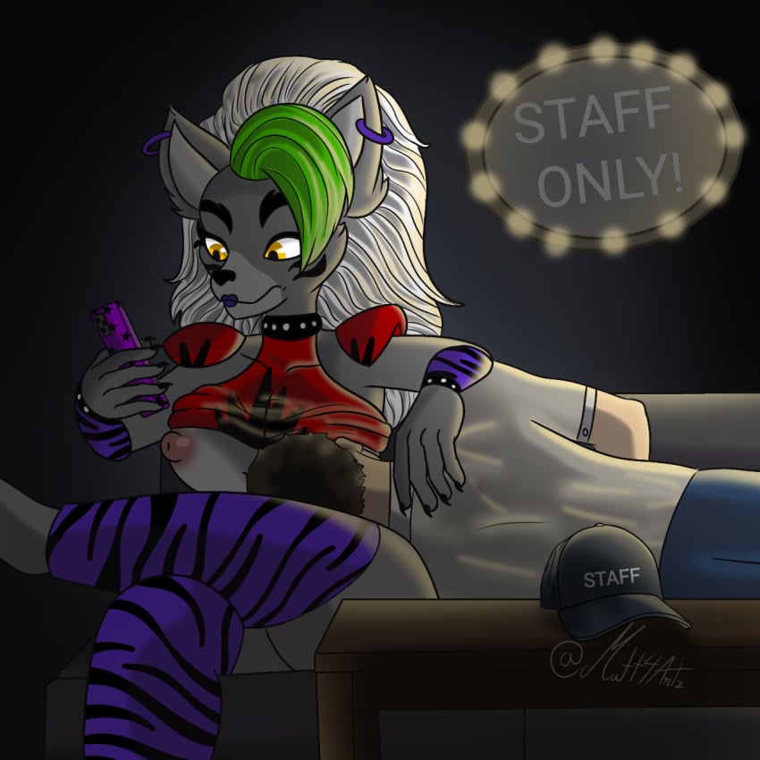 animatronic anthro big_areola big_breasts big_nipples breast_sucking breastfeeding breasts ear_piercing earrings female fit_female fit_male five_nights_at_freddy's five_nights_at_freddy's:_security_breach fnaf furry green_hair green_nails grey_fur hair lifted_top looking_away male nipple_play nipple_suck nipple_sucking on_the_phone purple_lipstick roxanne_wolf_(fnaf) security_guard staff sucking_nipples suit white_hair wolf yellow_eyes