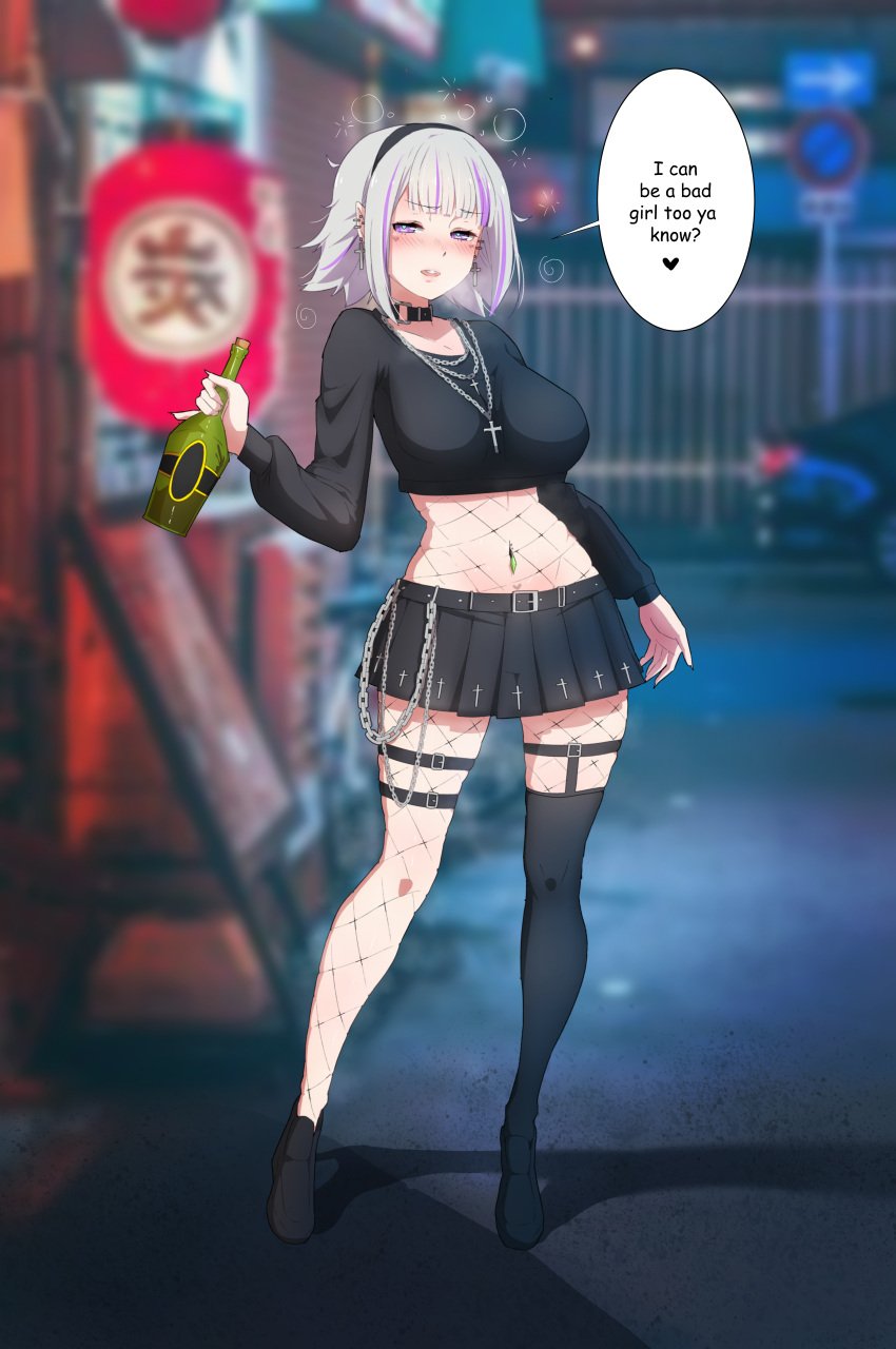 1girls absurd_res absurdres black_legwear black_skirt black_topwear blush crest drunk elf elf_ears elf_female elf_girl emilia_(re:zero) english_text female female_only fishnet_legwear fishnet_topwear fishnets fully_clothed gear_art gearthelewdist ger0gear goth goth_girl high_resolution highres purple_eyes re:zero_kara_hajimeru_isekai_seikatsu short_hair solo speech_bubble