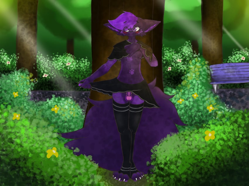 absurd_res anthro bench big_tail blush bottomwear chastity_cage chastity_device claws clothed clothing clothing_lift detailed_background footprint fur girly hair hi_res hideplys legwear looking_aside male park park_bench pawprint pawprint_marking plant public purple_body purple_fur purple_hair roxo shirt shirt_lift shrub skirt skirt_lift solo tail thigh_highs toe_claws toeless_legwear topwear tree